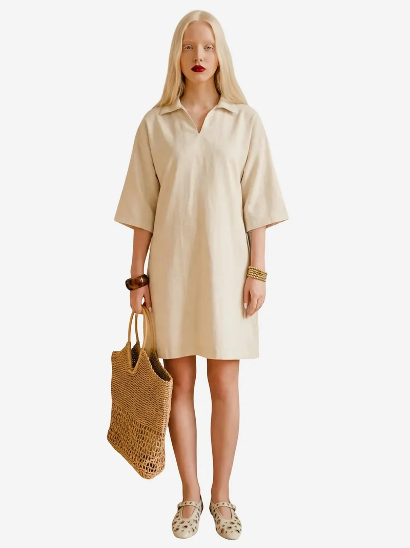 MY FASHION Polo Collar Mini Dress with Three Quarter Sleeves